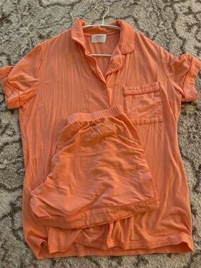 In My Sundays Orange/Coral Pajama Set - Short Sleeve Top & Shorts